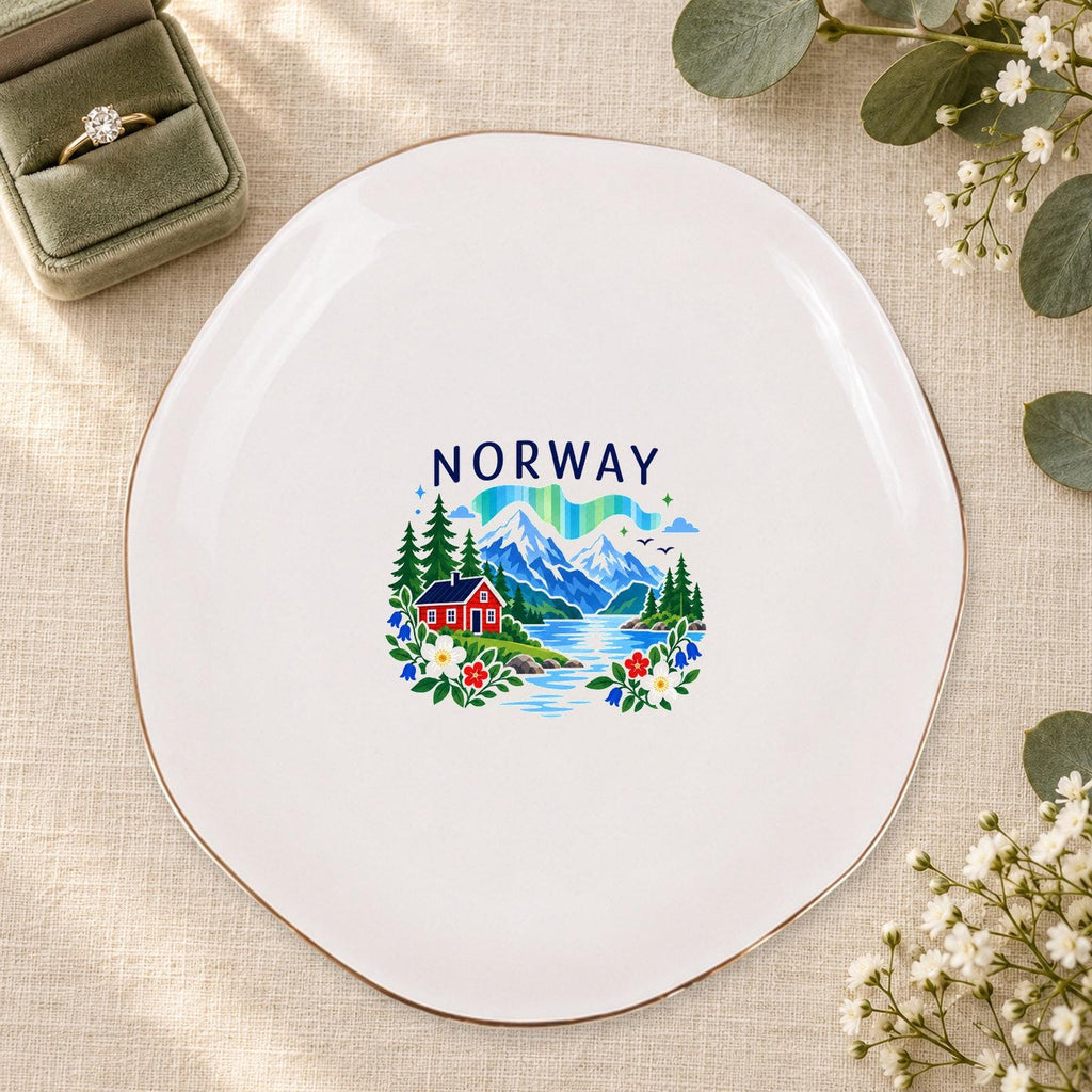 Norway Ceramic Ring Dish, Gold Rim Trinket Tray, Jewelry Holder Gift, Five Shape Options