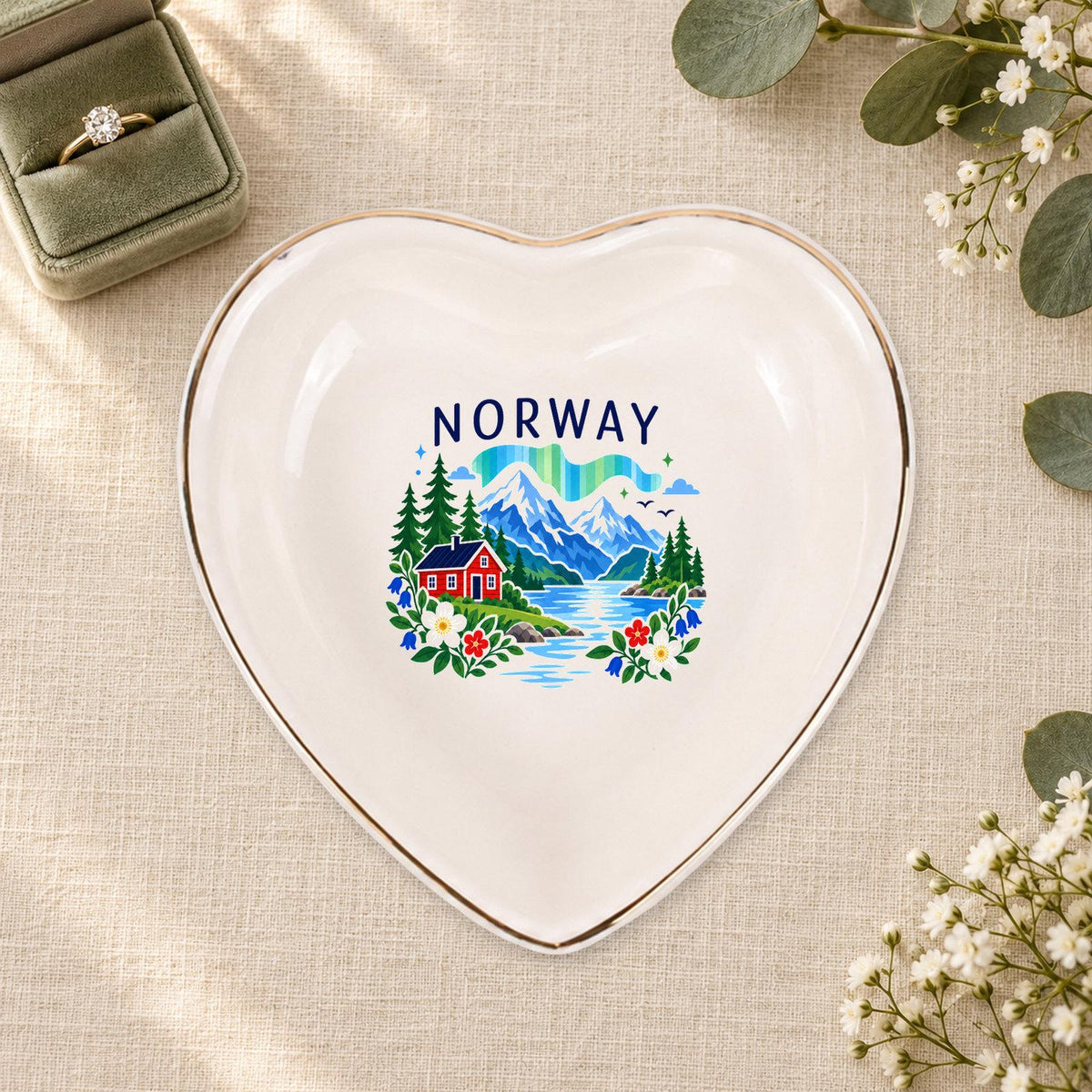 Norway Ceramic Ring Dish, Gold Rim Trinket Tray, Jewelry Holder Gift, Five Shape Options