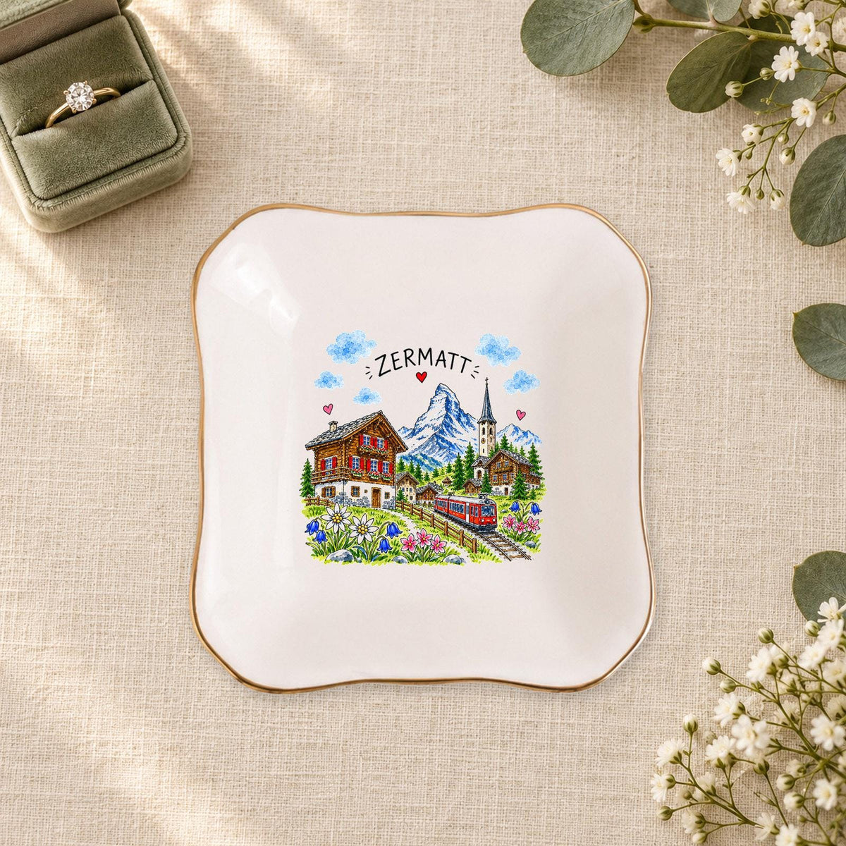 Zermatt Ceramic Ring Dish, Gold Rim Trinket Tray, Jewelry Holder Gift, Five Shape Options