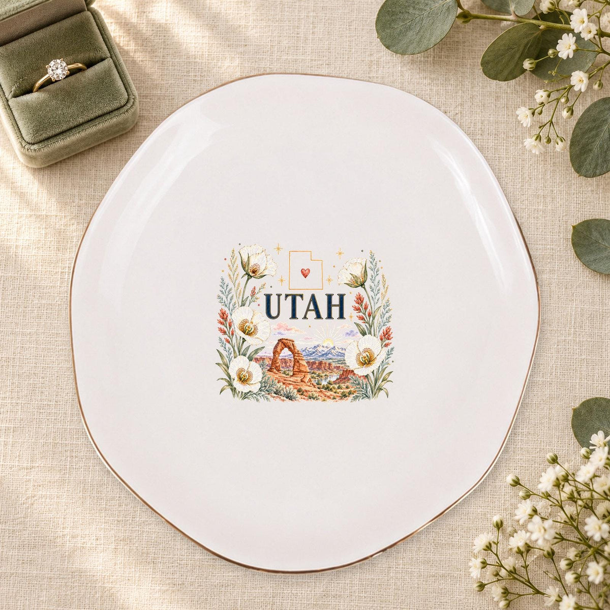Utah Ceramic Ring Dish, Gold Rim Trinket Tray, Jewelry Holder Gift, Five Shape Options