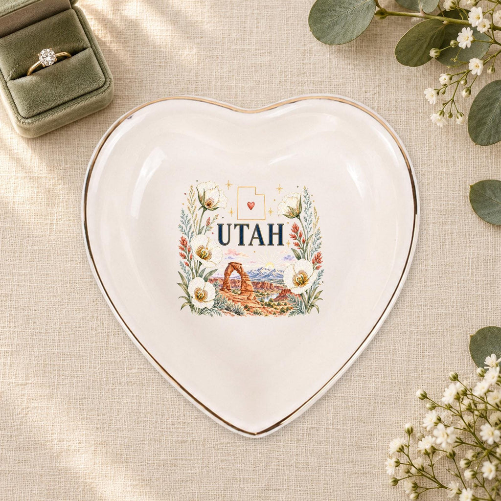 Utah Ceramic Ring Dish, Gold Rim Trinket Tray, Jewelry Holder Gift, Five Shape Options