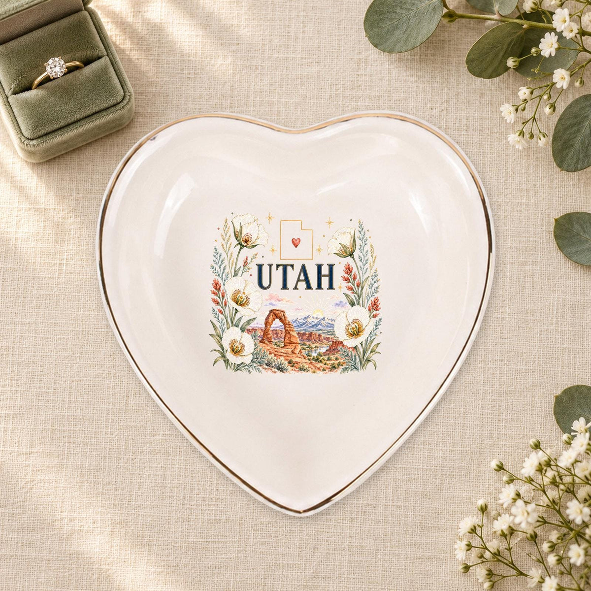 Utah Ceramic Ring Dish, Gold Rim Trinket Tray, Jewelry Holder Gift, Five Shape Options