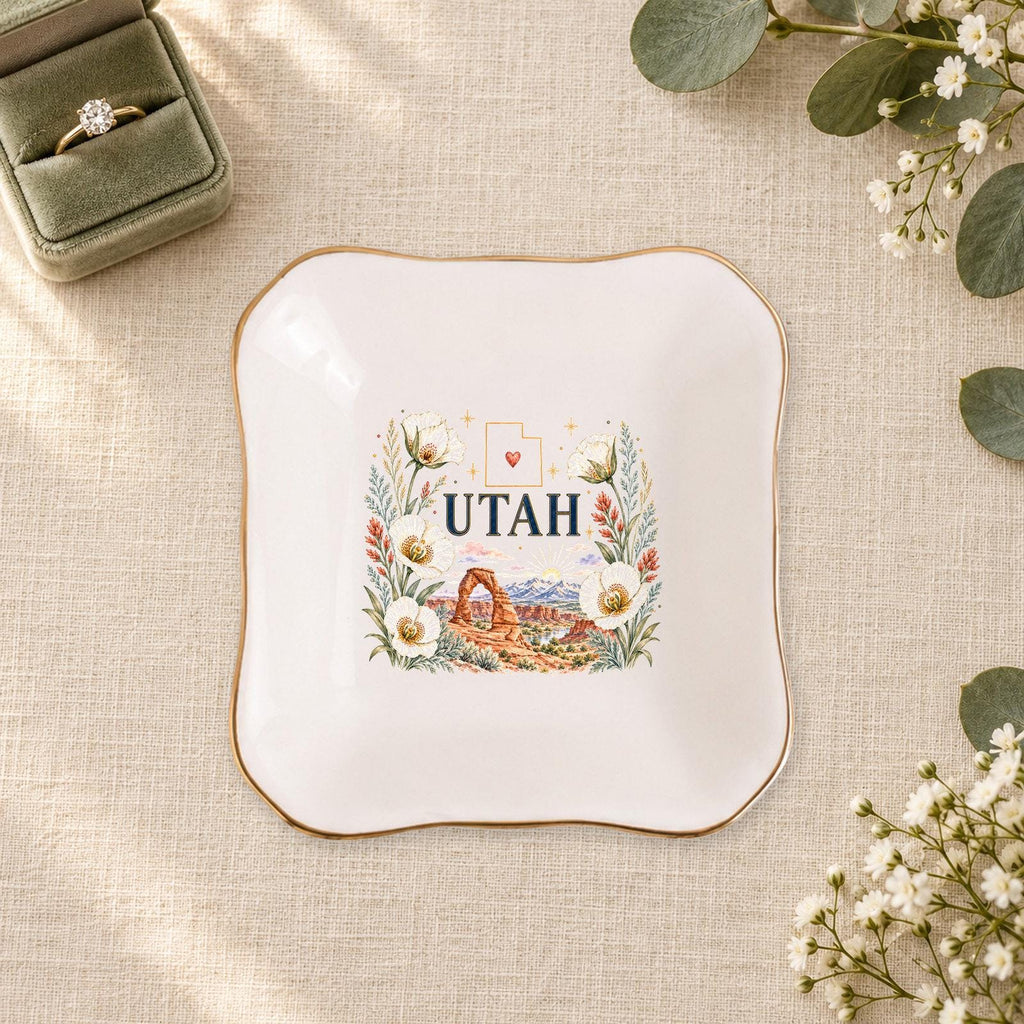 Utah Ceramic Ring Dish, Gold Rim Trinket Tray, Jewelry Holder Gift, Five Shape Options
