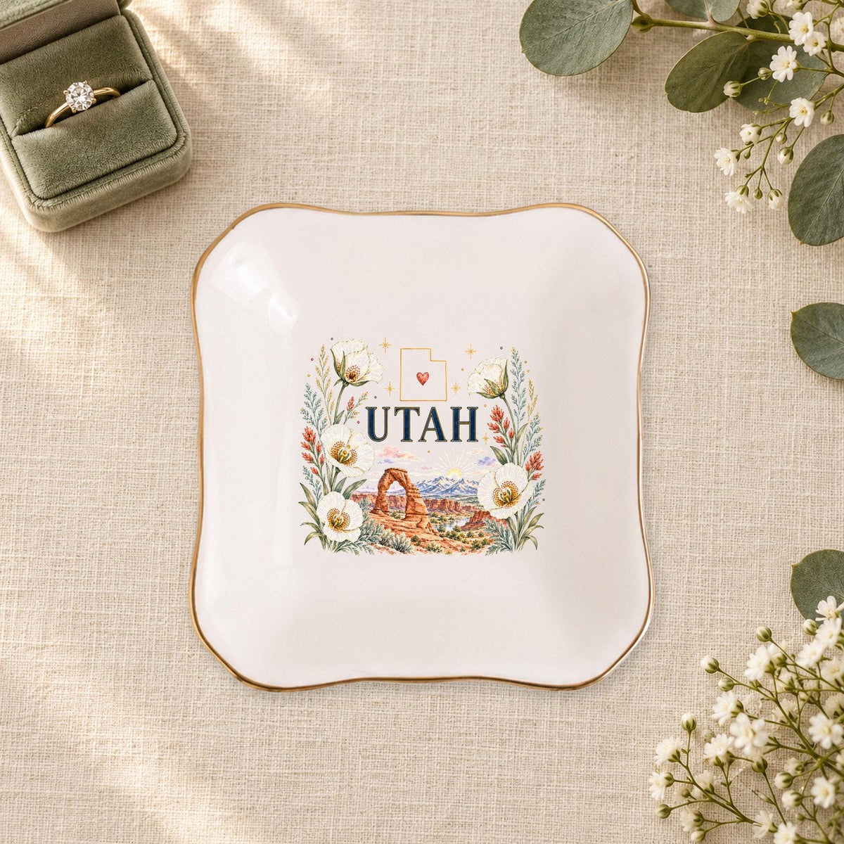 Utah Ceramic Ring Dish, Gold Rim Trinket Tray, Jewelry Holder Gift, Five Shape Options
