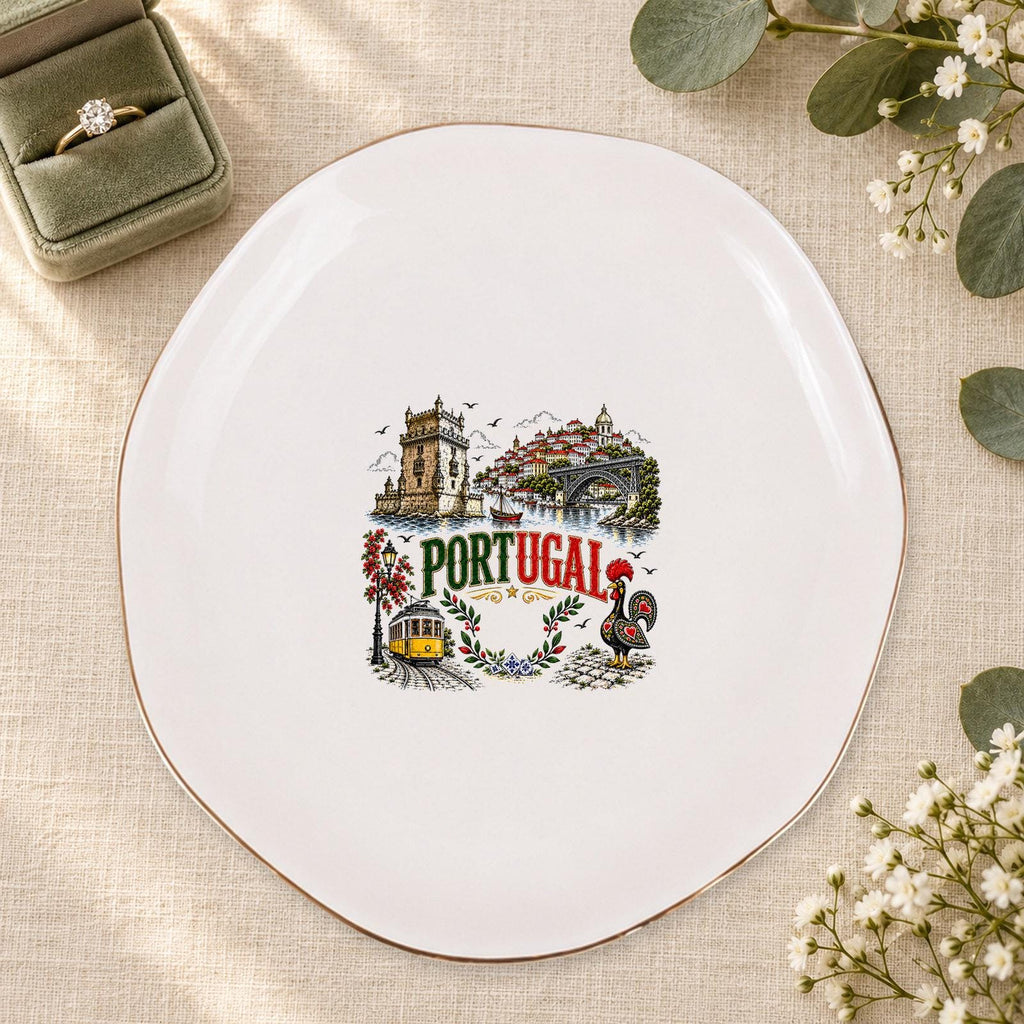 Portugal Ceramic Ring Dish, Gold Rim Trinket Tray, Jewelry Holder Gift, Five Shape Options