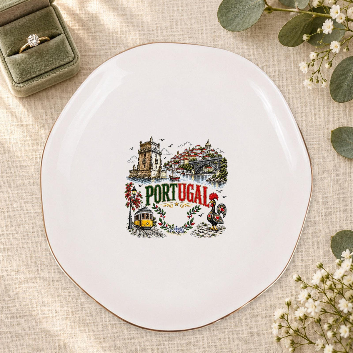 Portugal Ceramic Ring Dish, Gold Rim Trinket Tray, Jewelry Holder Gift, Five Shape Options