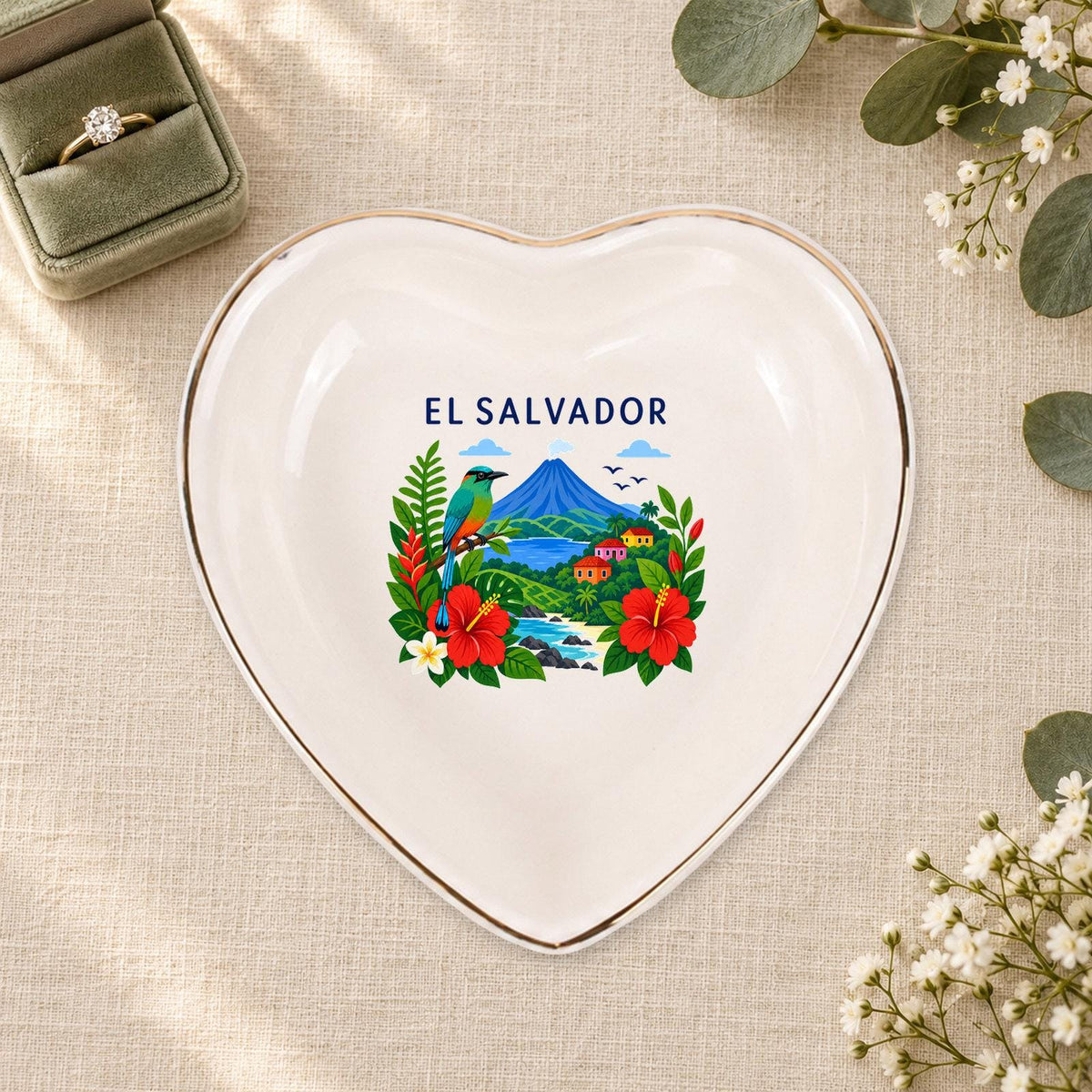 El Salvador Ceramic Ring Dish, Gold Rim Trinket Tray, Jewelry Holder Gift, Five Shape Options