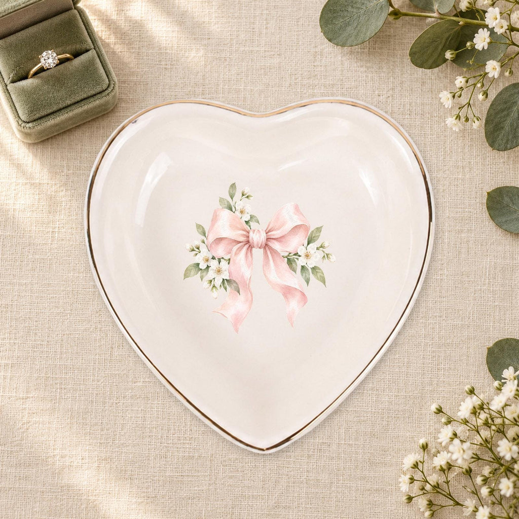 Blush Bridal Bow Ceramic Ring Dish, Gold Rim Trinket Tray, Jewelry Holder Gift, Five Shape Options