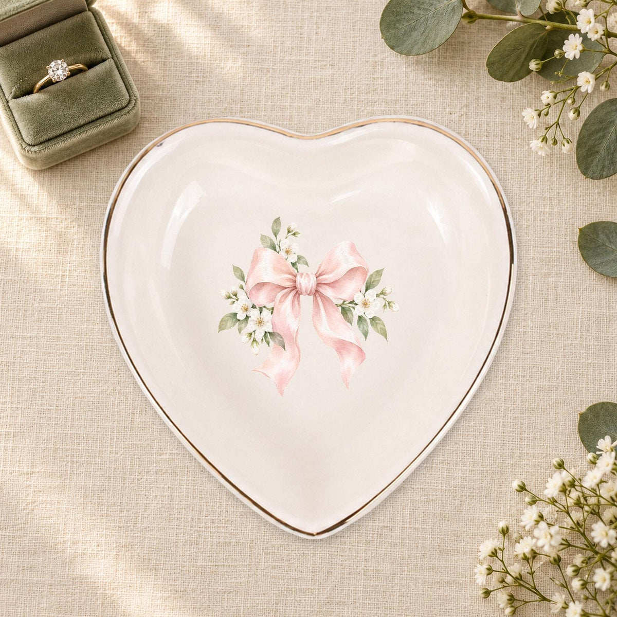 Blush Bridal Bow Ceramic Ring Dish, Gold Rim Trinket Tray, Jewelry Holder Gift, Five Shape Options
