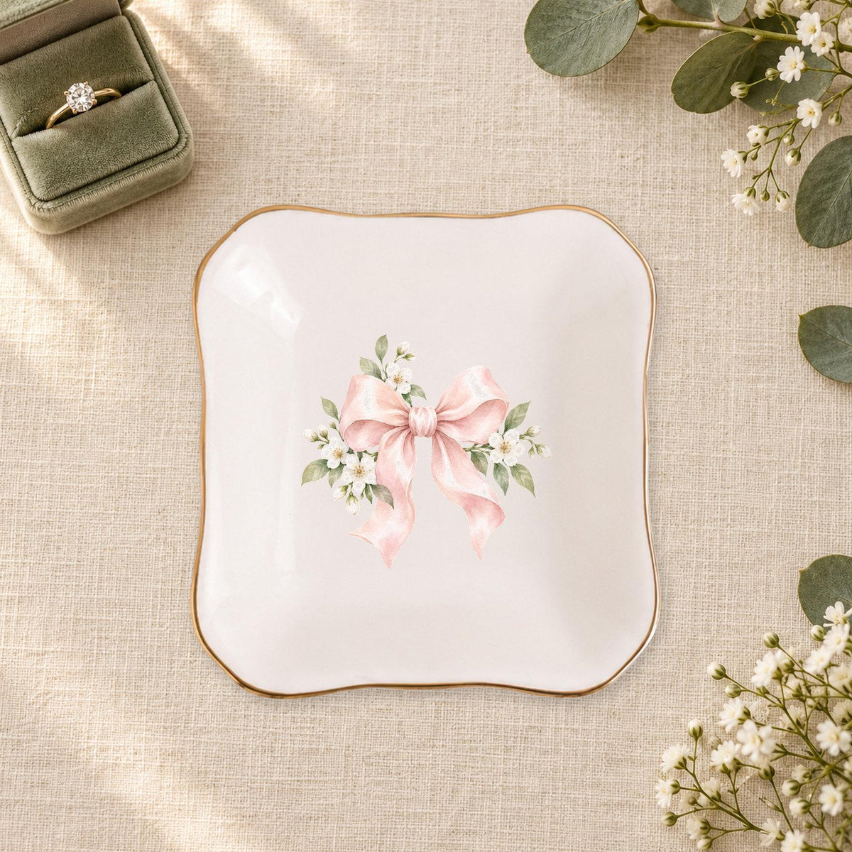 Blush Bridal Bow Ceramic Ring Dish, Gold Rim Trinket Tray, Jewelry Holder Gift, Five Shape Options