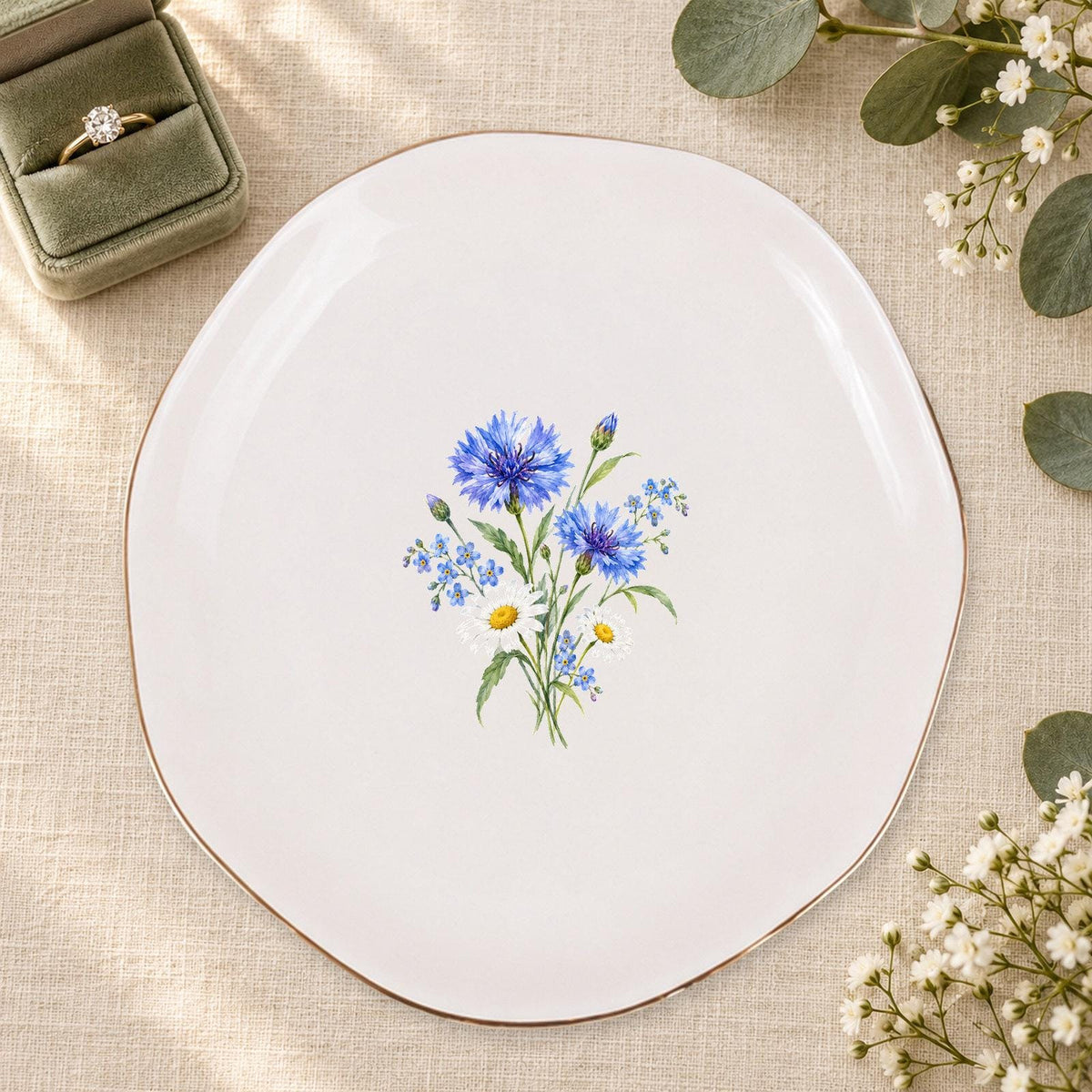Blue Wildflower Ceramic Ring Dish, Gold Rim Trinket Tray, Jewelry Holder Gift, Five Shape Options