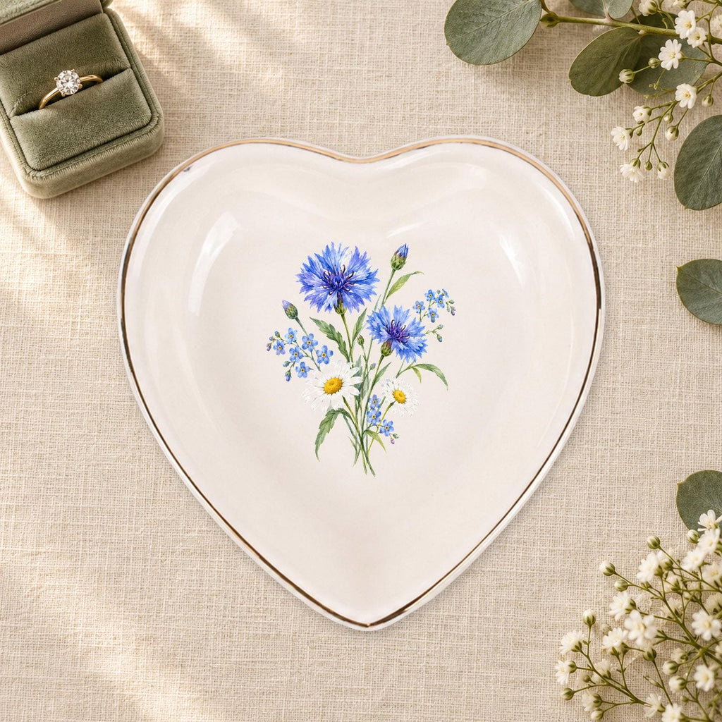 Blue Wildflower Ceramic Ring Dish, Gold Rim Trinket Tray, Jewelry Holder Gift, Five Shape Options