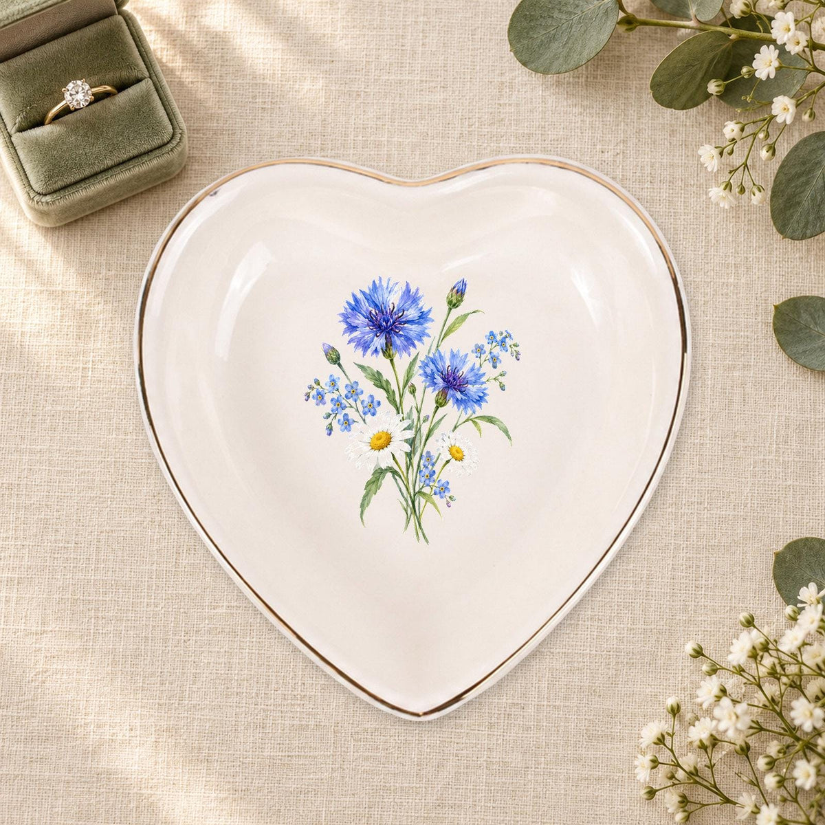 Blue Wildflower Ceramic Ring Dish, Gold Rim Trinket Tray, Jewelry Holder Gift, Five Shape Options