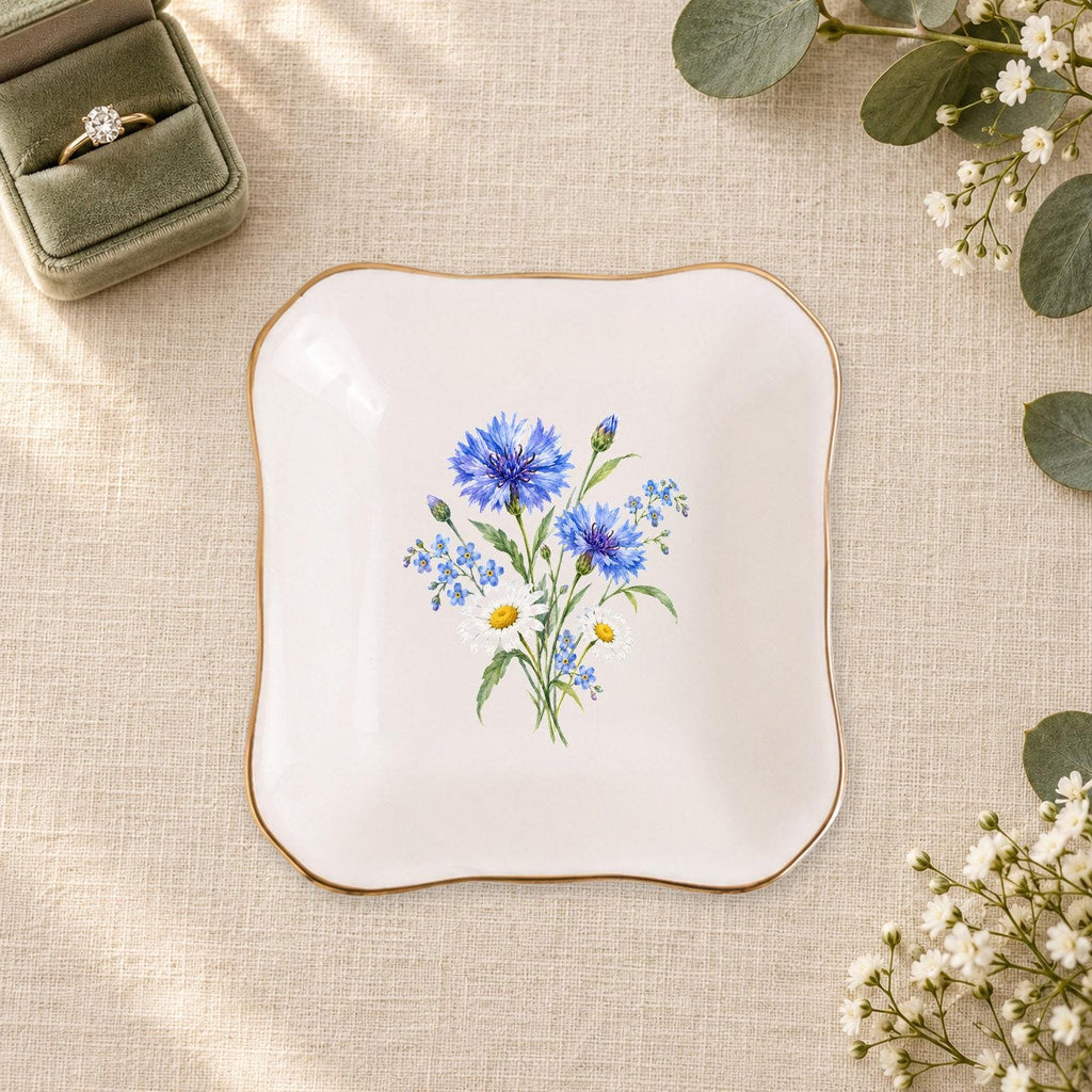 Blue Wildflower Ceramic Ring Dish, Gold Rim Trinket Tray, Jewelry Holder Gift, Five Shape Options