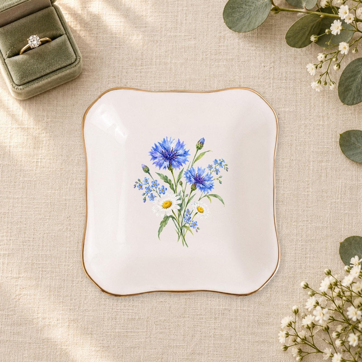 Blue Wildflower Ceramic Ring Dish, Gold Rim Trinket Tray, Jewelry Holder Gift, Five Shape Options