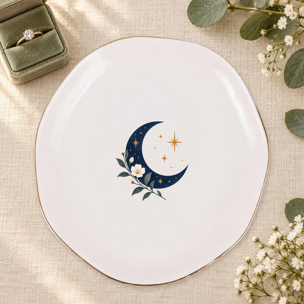 Celestial Moon Ceramic Ring Dish, Gold Rim Trinket Tray, Jewelry Holder Gift, Five Shape Options