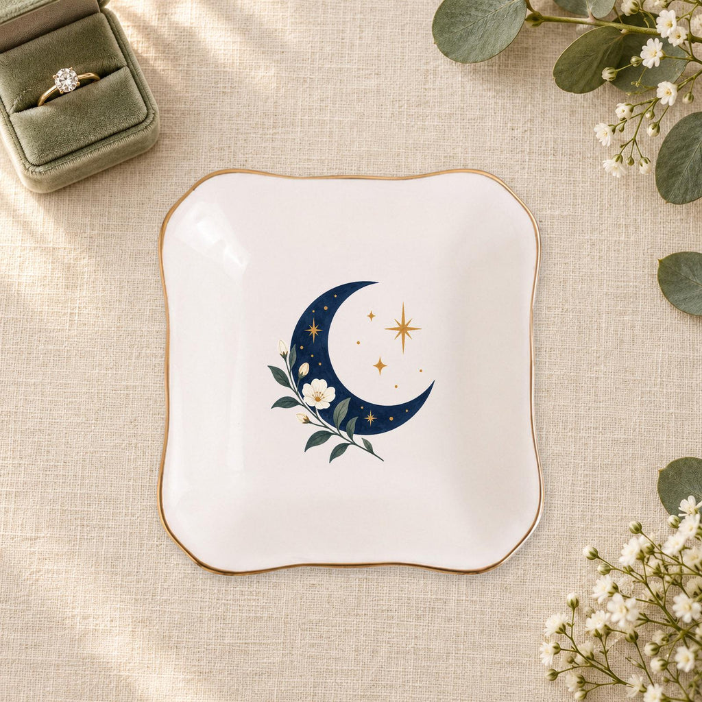 Celestial Moon Ceramic Ring Dish, Gold Rim Trinket Tray, Jewelry Holder Gift, Five Shape Options
