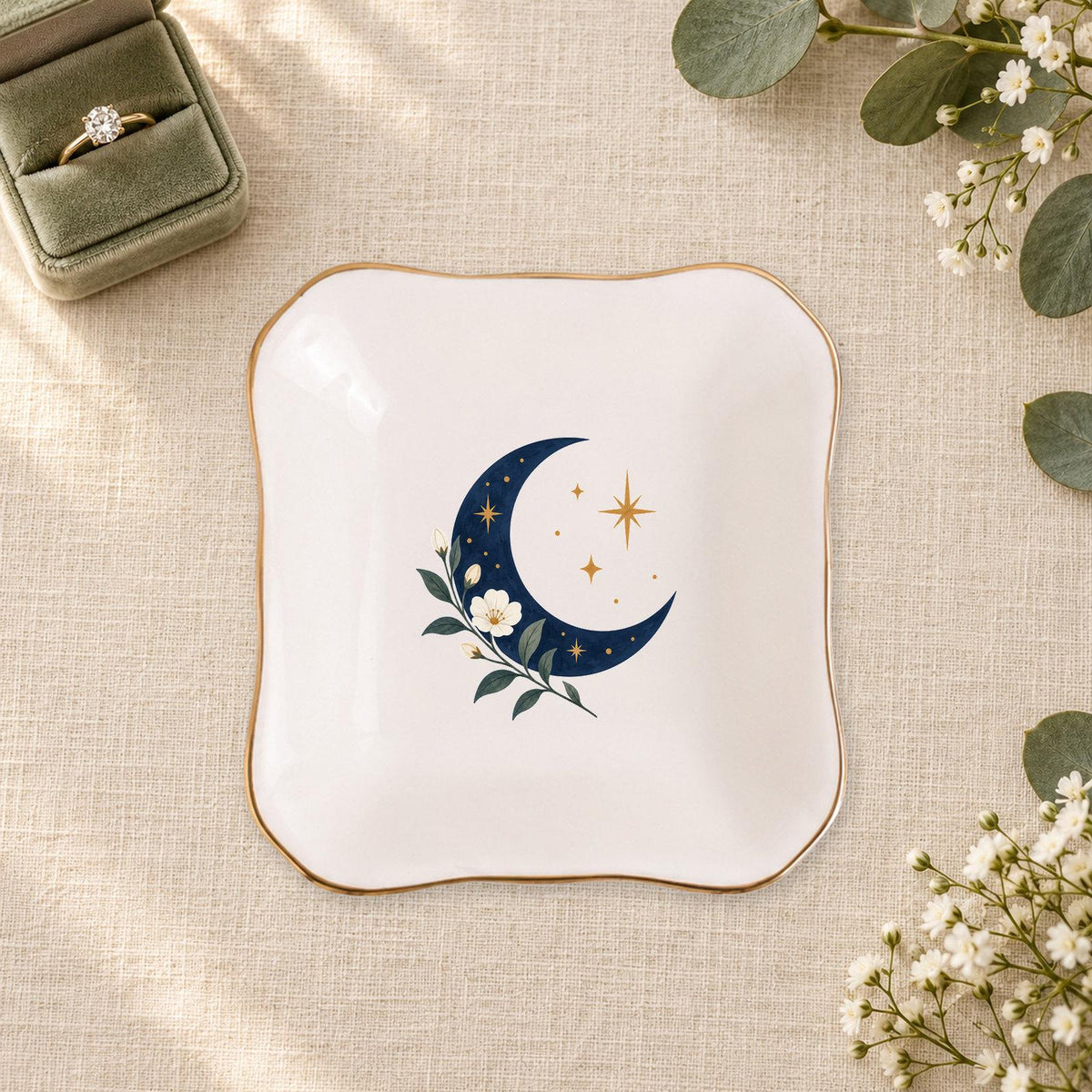 Celestial Moon Ceramic Ring Dish, Gold Rim Trinket Tray, Jewelry Holder Gift, Five Shape Options