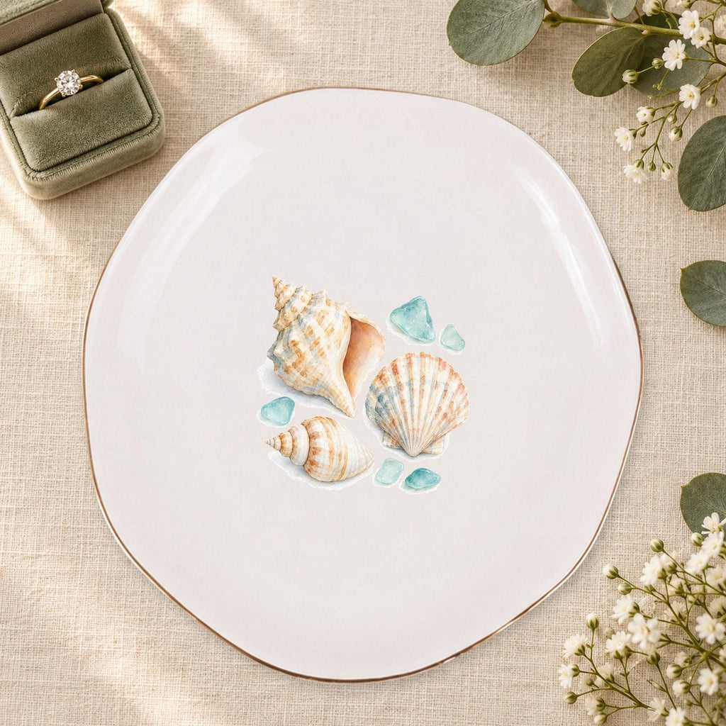 Coastal Shells Ceramic Ring Dish, Gold Rim Trinket Tray, Jewelry Holder Gift, Five Shape Options