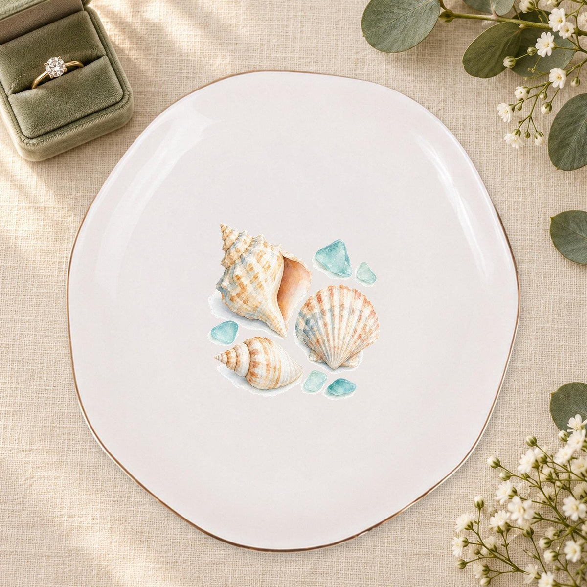 Coastal Shells Ceramic Ring Dish, Gold Rim Trinket Tray, Jewelry Holder Gift, Five Shape Options