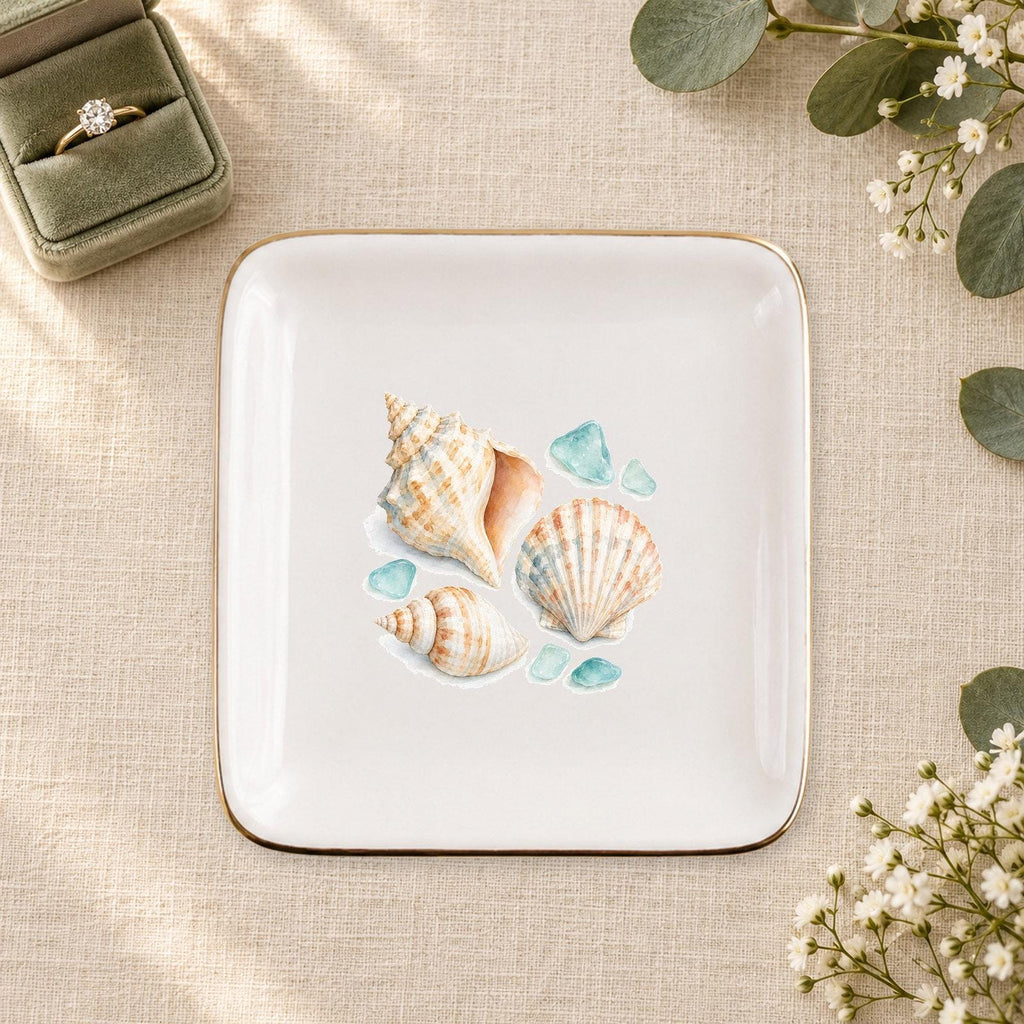 Coastal Shells Ceramic Ring Dish, Gold Rim Trinket Tray, Jewelry Holder Gift, Five Shape Options