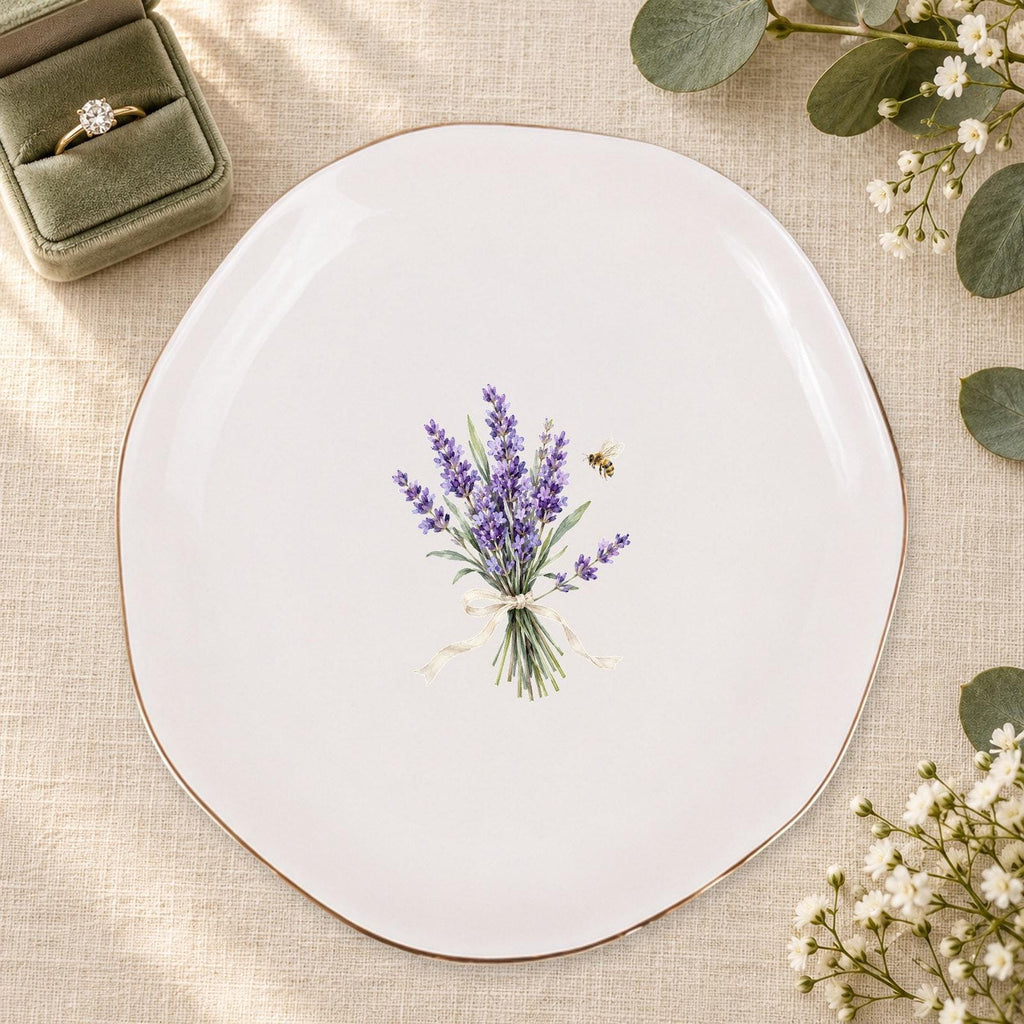 Lavender Garden Ceramic Ring Dish, Gold Rim Trinket Tray, Jewelry Holder Gift, Five Shape Options