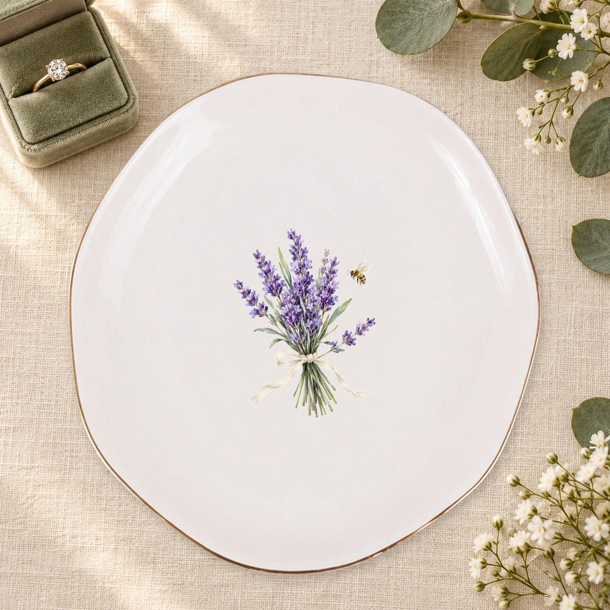 Lavender Garden Ceramic Ring Dish, Gold Rim Trinket Tray, Jewelry Holder Gift, Five Shape Options