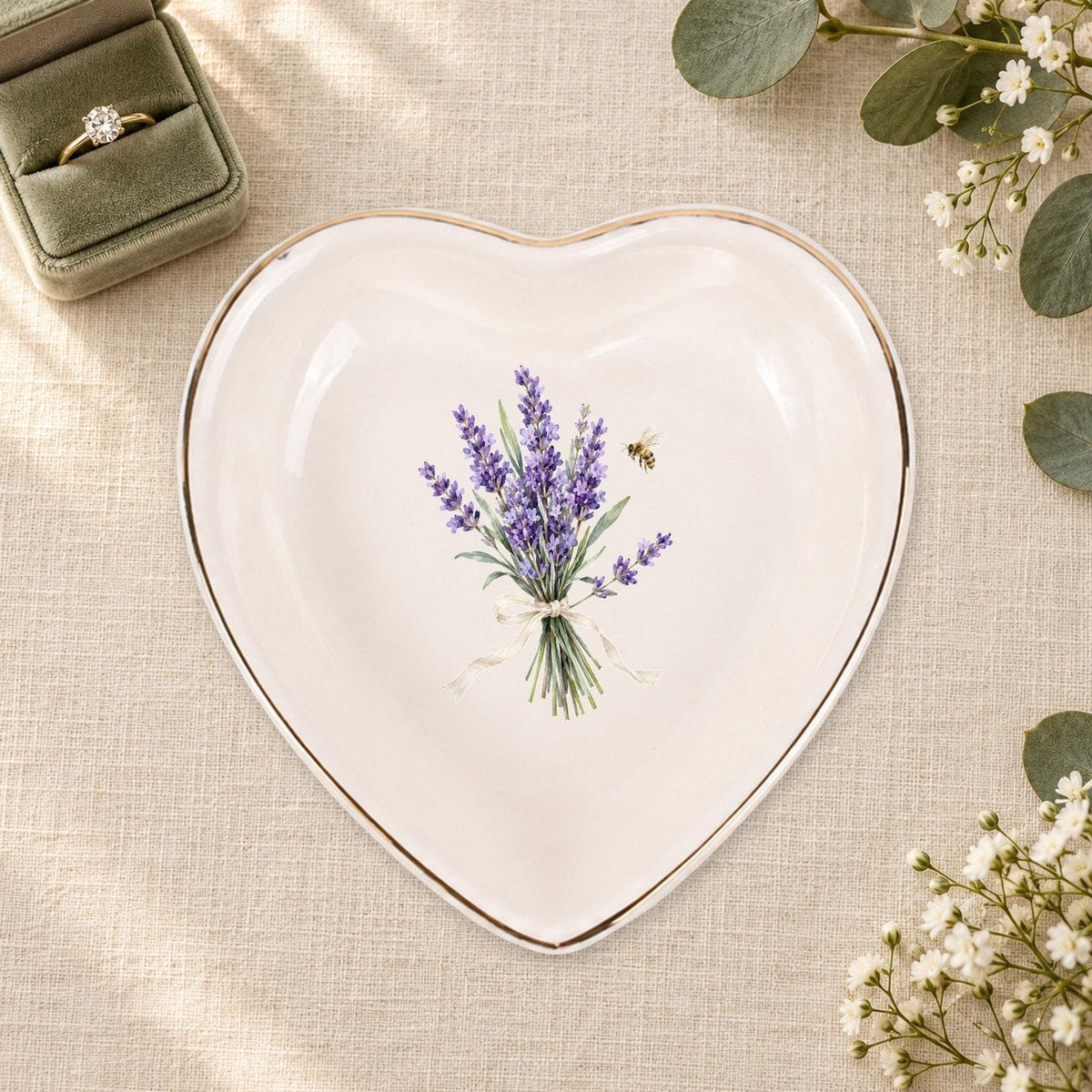 Lavender Garden Ceramic Ring Dish, Gold Rim Trinket Tray, Jewelry Holder Gift, Five Shape Options