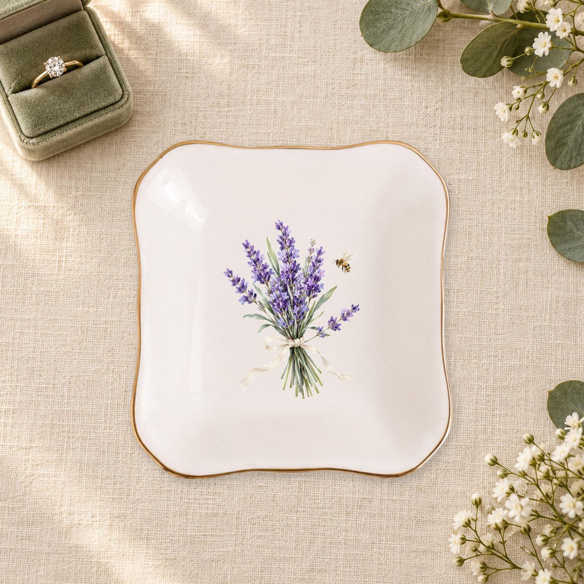 Lavender Garden Ceramic Ring Dish, Gold Rim Trinket Tray, Jewelry Holder Gift, Five Shape Options