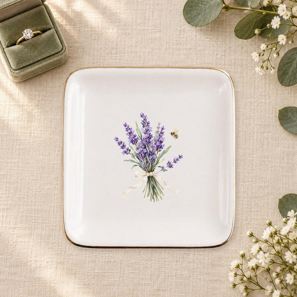 Lavender Garden Ceramic Ring Dish, Gold Rim Trinket Tray, Jewelry Holder Gift, Five Shape Options