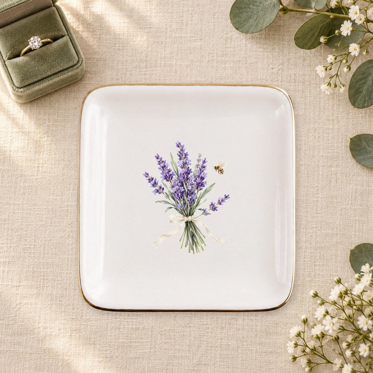 Lavender Garden Ceramic Ring Dish, Gold Rim Trinket Tray, Jewelry Holder Gift, Five Shape Options