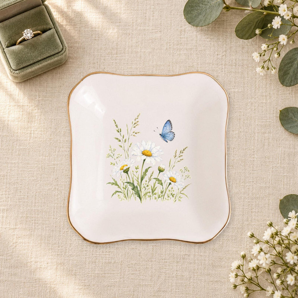 Butterfly Meadow Ceramic Ring Dish, Gold Rim Trinket Tray, Jewelry Holder Gift, Five Shape Options