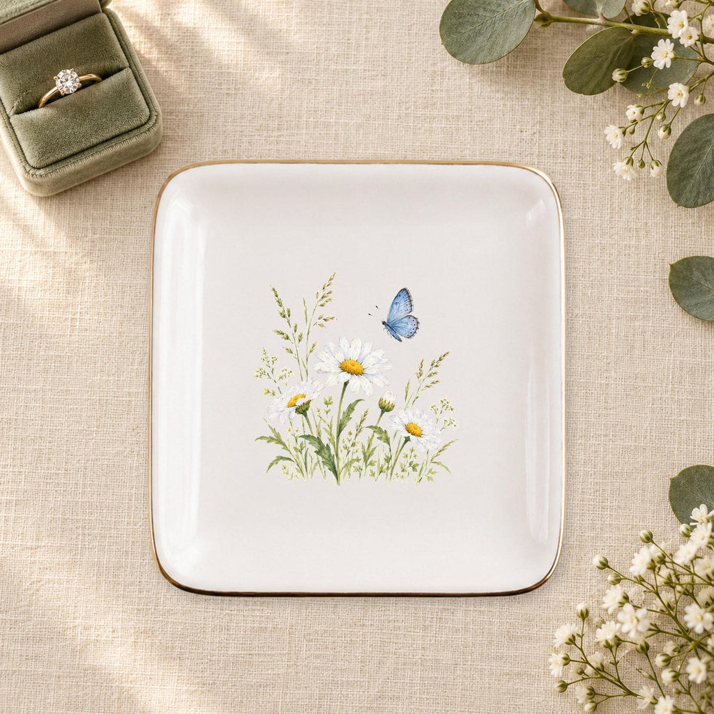 Butterfly Meadow Ceramic Ring Dish, Gold Rim Trinket Tray, Jewelry Holder Gift, Five Shape Options
