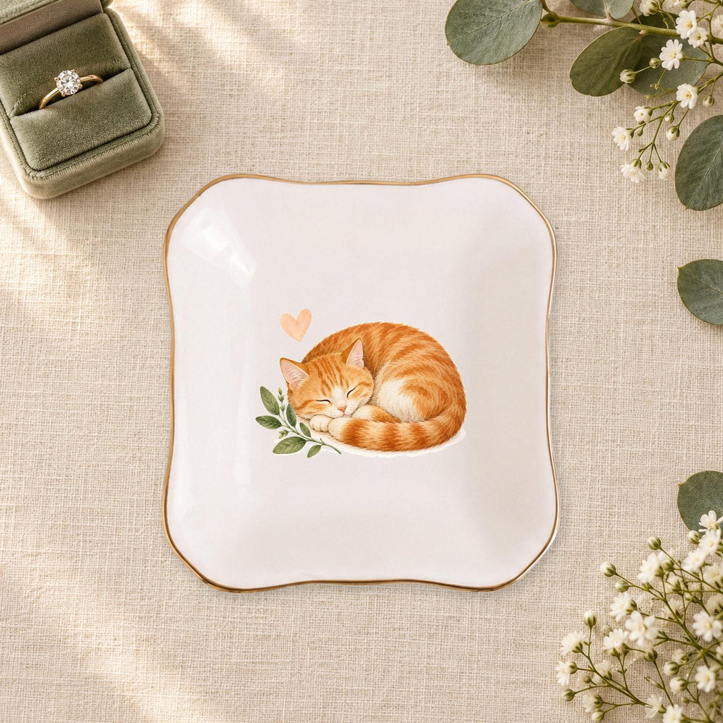 Sleeping Cat Ceramic Ring Dish, Gold Rim Trinket Tray, Jewelry Holder Gift, Five Shape Options
