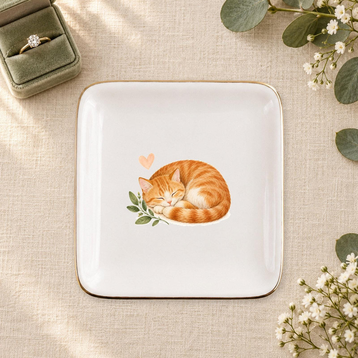 Sleeping Cat Ceramic Ring Dish, Gold Rim Trinket Tray, Jewelry Holder Gift, Five Shape Options