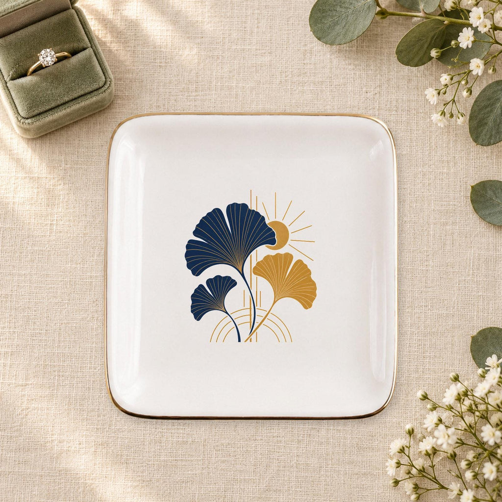 Art Deco Ginkgo Ceramic Ring Dish, Gold Rim Trinket Tray, Jewelry Holder Gift, Five Shape Options