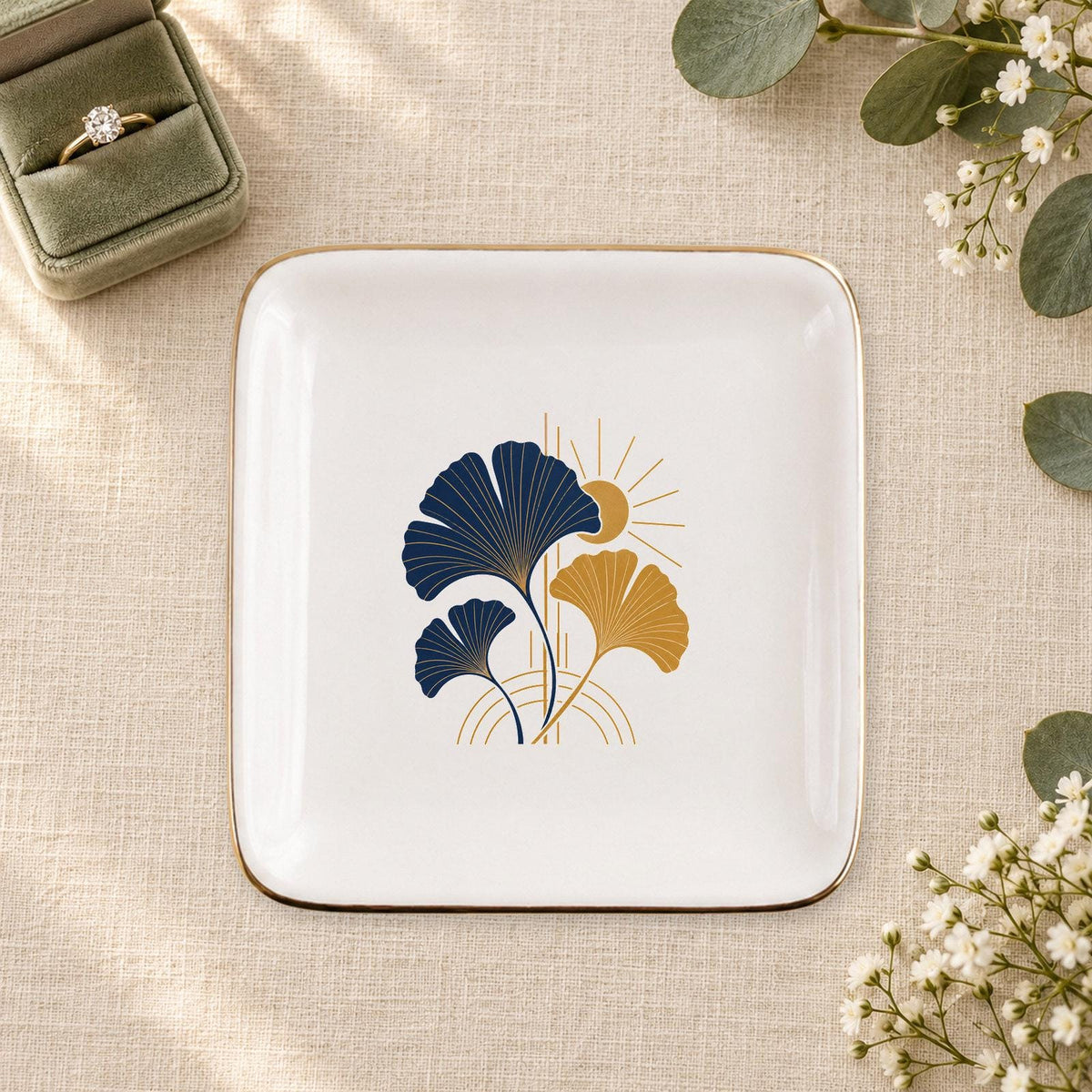 Art Deco Ginkgo Ceramic Ring Dish, Gold Rim Trinket Tray, Jewelry Holder Gift, Five Shape Options
