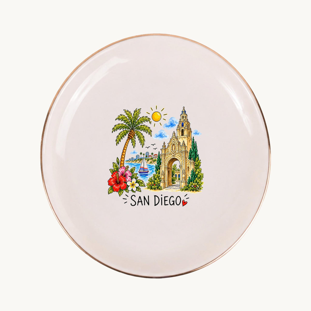 San Diego Ceramic Ring Dish, Gold Rim Trinket Tray, Jewelry Holder Gift, Five Shape Options
