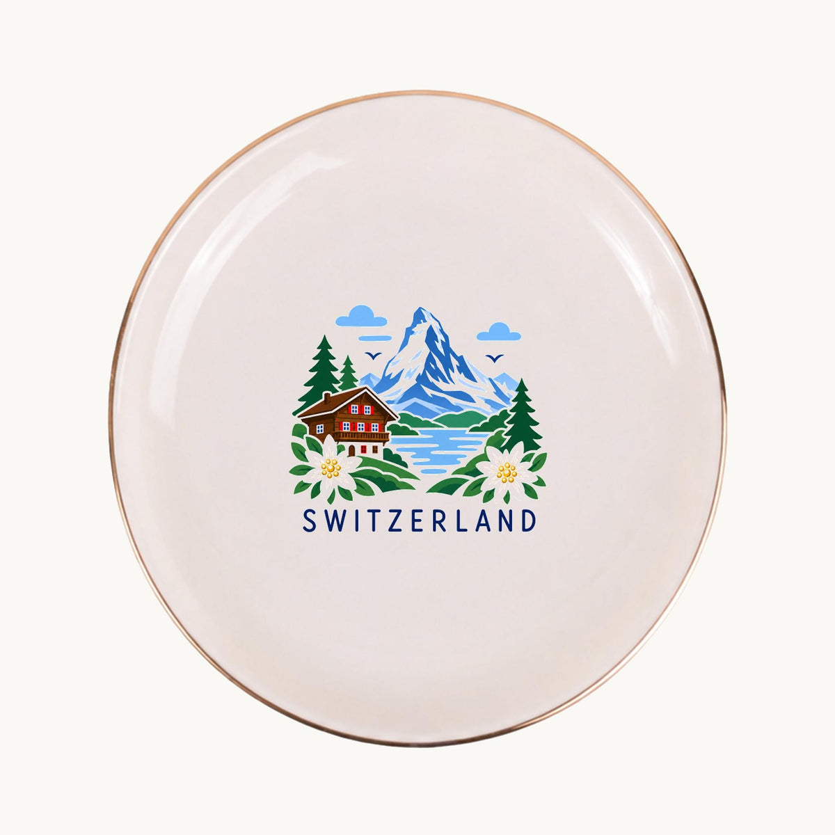 Switzerland Ceramic Ring Dish, Gold Rim Trinket Tray, Jewelry Holder Gift, Five Shape Options