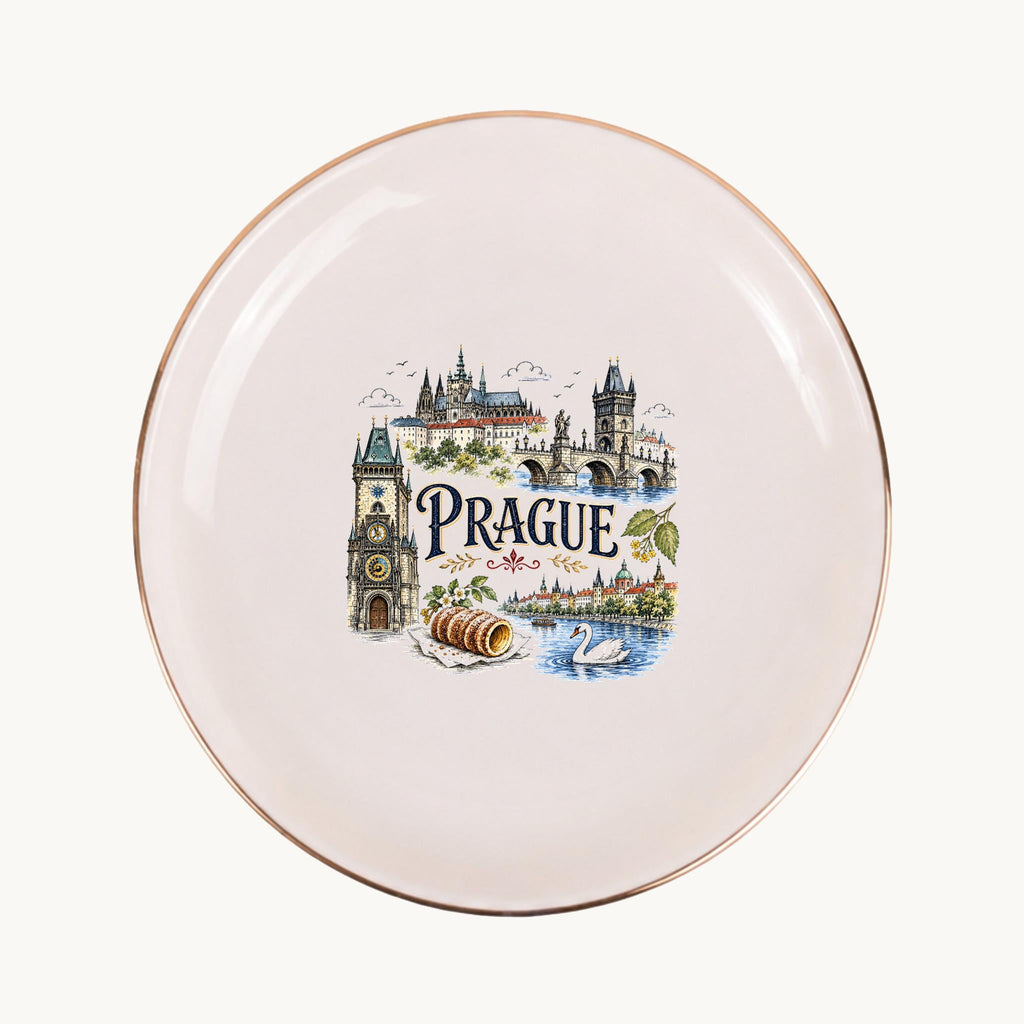 Prague Ceramic Ring Dish, Gold Rim Trinket Tray, Jewelry Holder Gift, Five Shape Options
