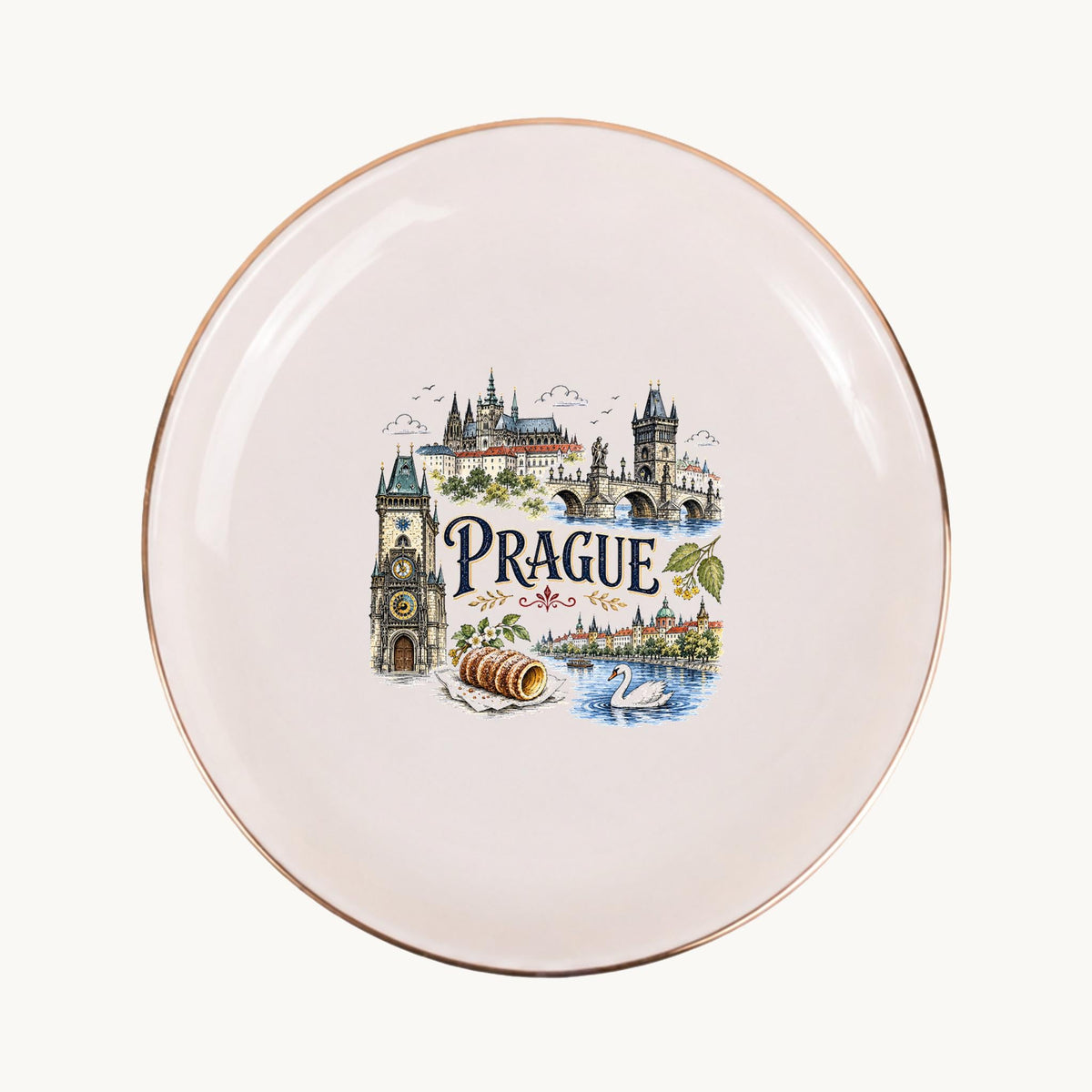 Prague Ceramic Ring Dish, Gold Rim Trinket Tray, Jewelry Holder Gift, Five Shape Options