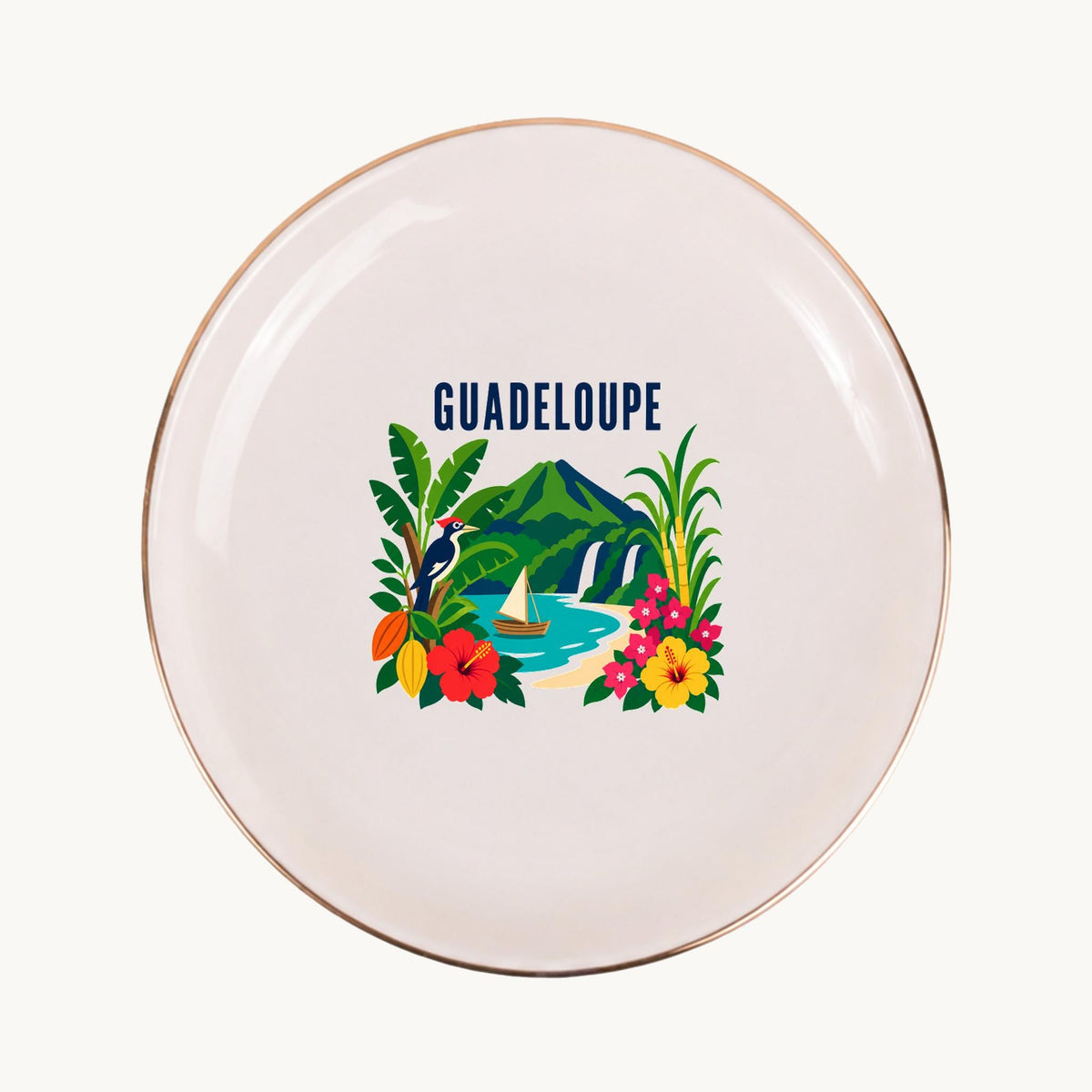 Guadeloupe Ceramic Ring Dish, Gold Rim Trinket Tray, Jewelry Holder Gift, Five Shape Options