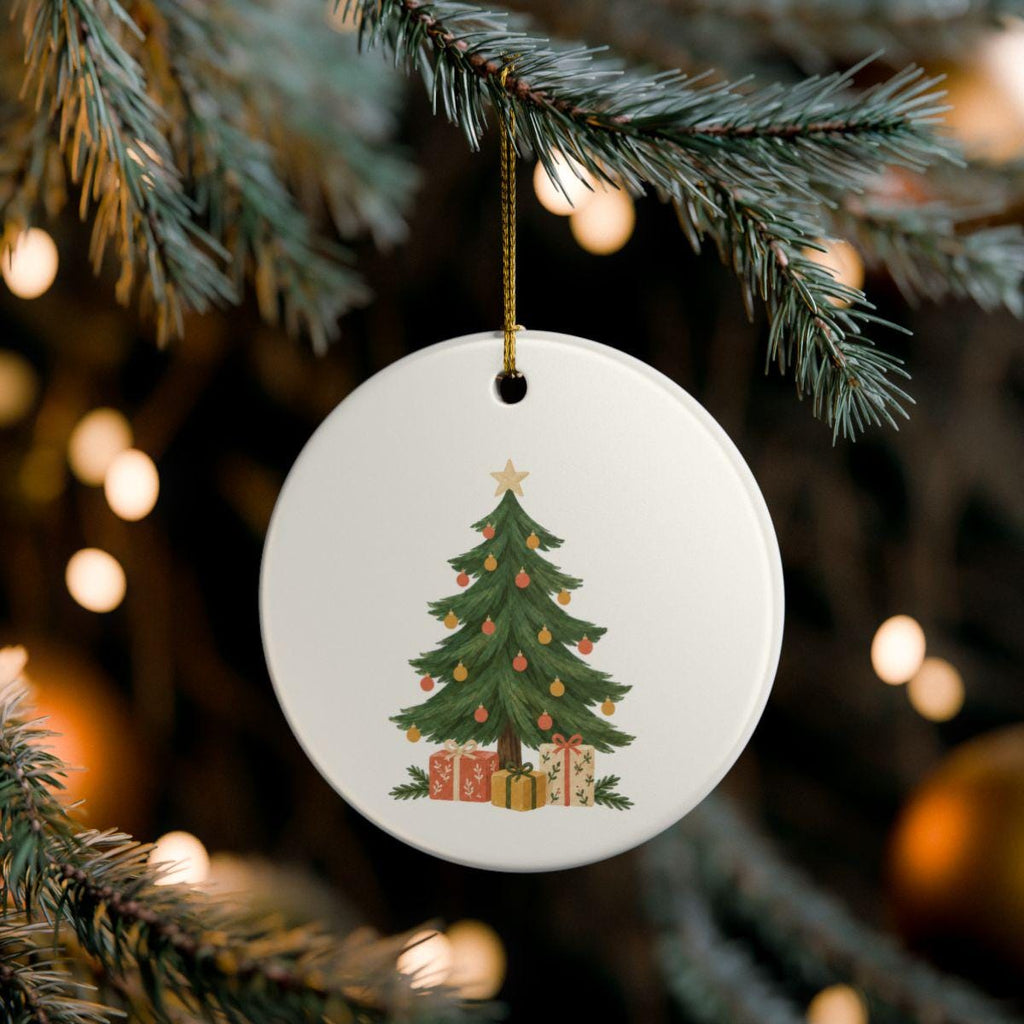 Christmas Tree and Gifts Ceramic Ornament, Double Sided Round Christmas Decoration, Holiday Keepsake Gift