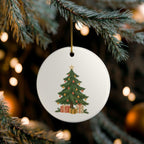 Christmas Tree and Gifts Ceramic Ornament, Double Sided Round Christmas Decoration, Holiday Keepsake Gift