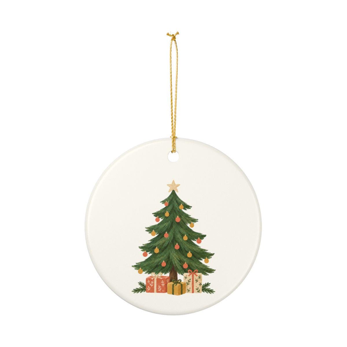 Christmas Tree and Gifts Ceramic Ornament, Double Sided Round Christmas Decoration, Holiday Keepsake Gift