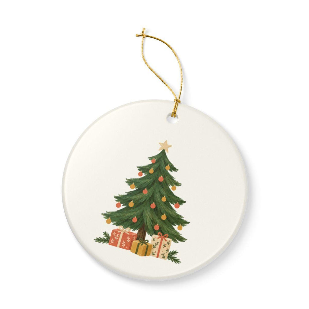Christmas Tree and Gifts Ceramic Ornament, Double Sided Round Christmas Decoration, Holiday Keepsake Gift