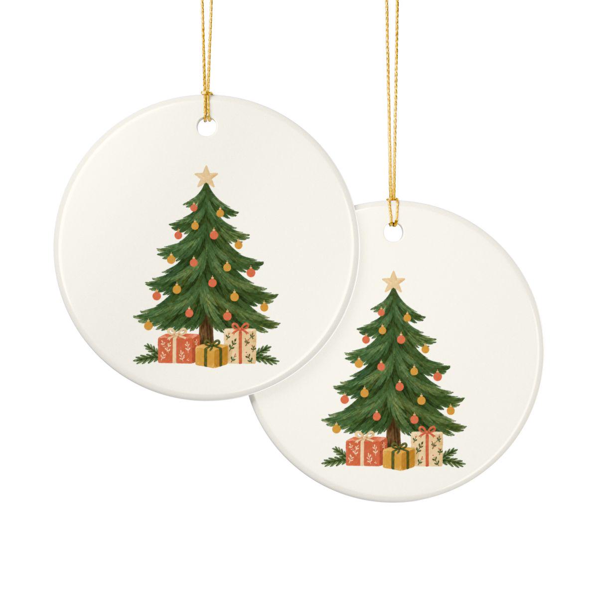 Christmas Tree and Gifts Ceramic Ornament, Double Sided Round Christmas Decoration, Holiday Keepsake Gift