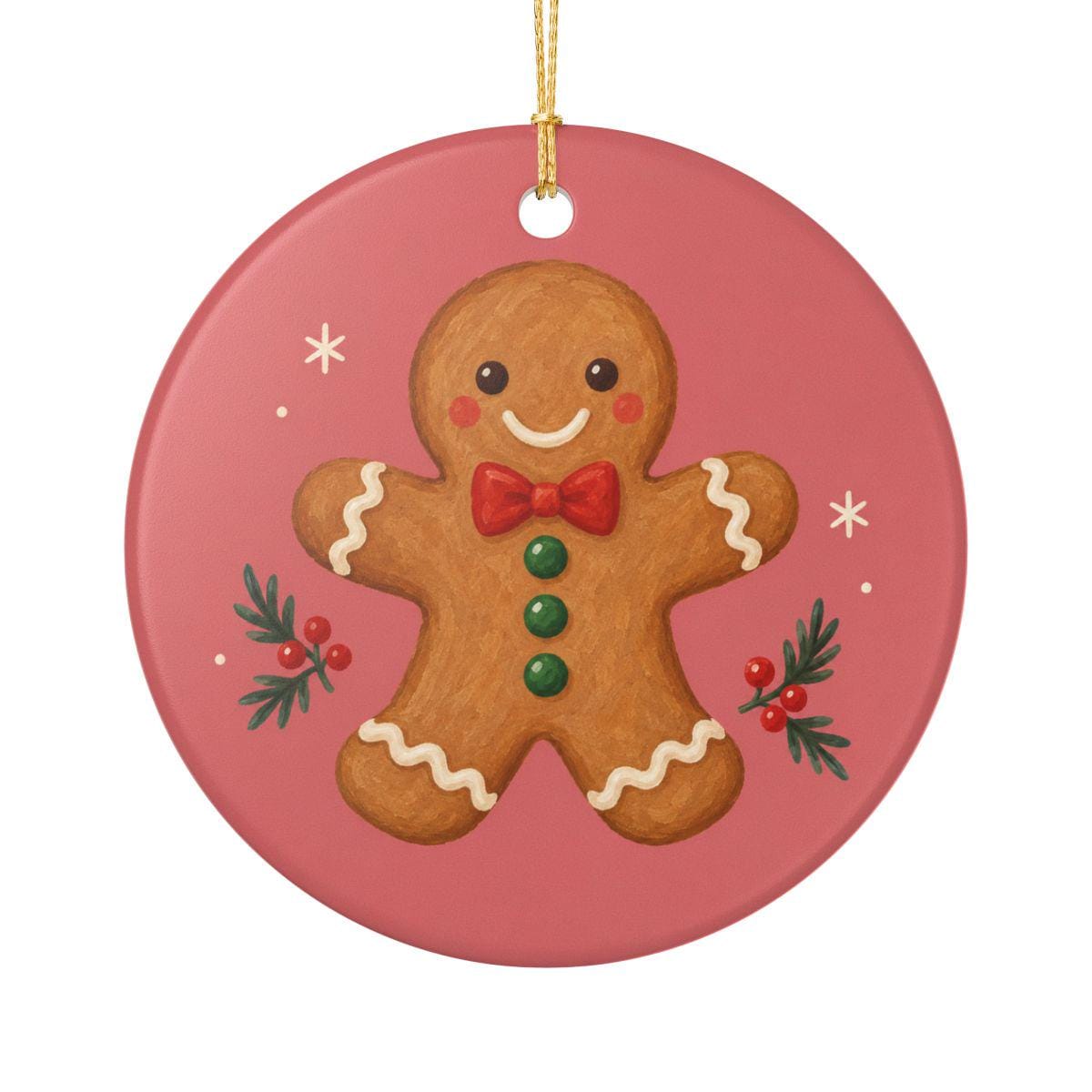 Gingerbread Cookie Ceramic Ornament, Double Sided Round Christmas Decoration, Holiday Keepsake Gift