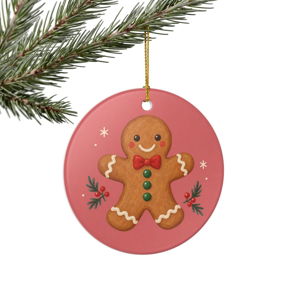 Gingerbread Cookie Ceramic Ornament, Double Sided Round Christmas Decoration, Holiday Keepsake Gift