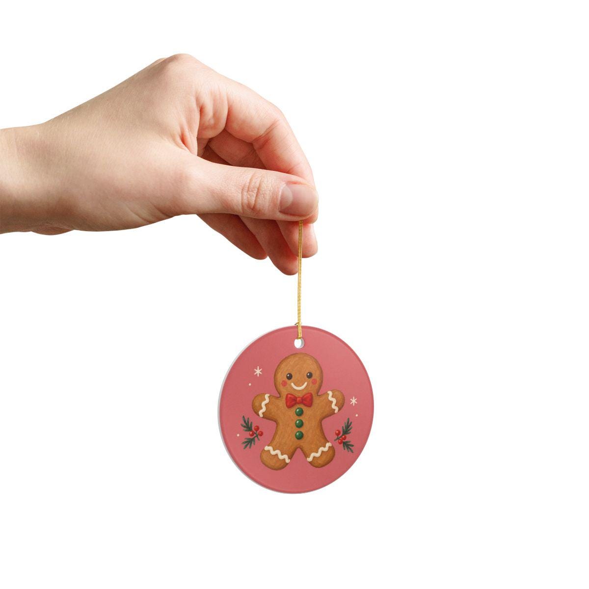 Gingerbread Cookie Ceramic Ornament, Double Sided Round Christmas Decoration, Holiday Keepsake Gift